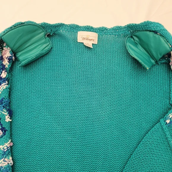 VINTAGE Worthington Floral Cable Knit Cardigan|Women's Large|Teal - Picture 5 of 7